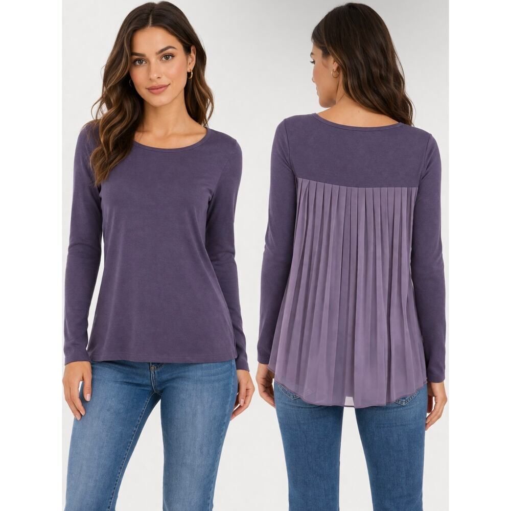 Bordeaux Pleated Chiffon Panel Top Medium Purple Long Sleeve Boho Romantic